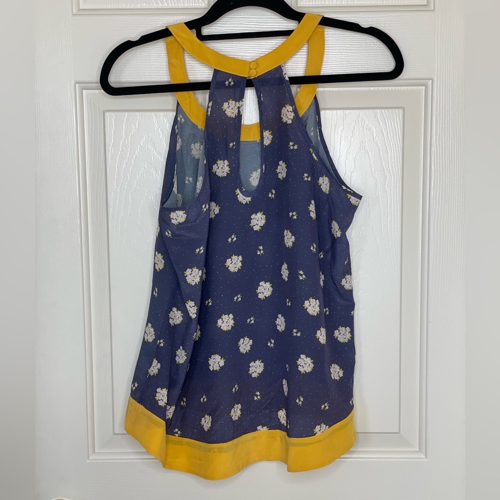 Jenny Han blue and yellow floral 100% silk sleeveless high low blouse | M - Picture 6 of 8